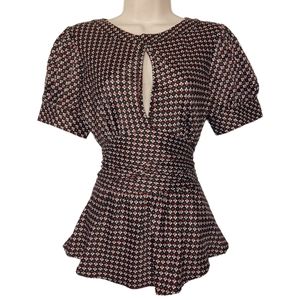 THE ORIGINAL INC Red White Floral Print Short Sleeve Slit Black Top Medium